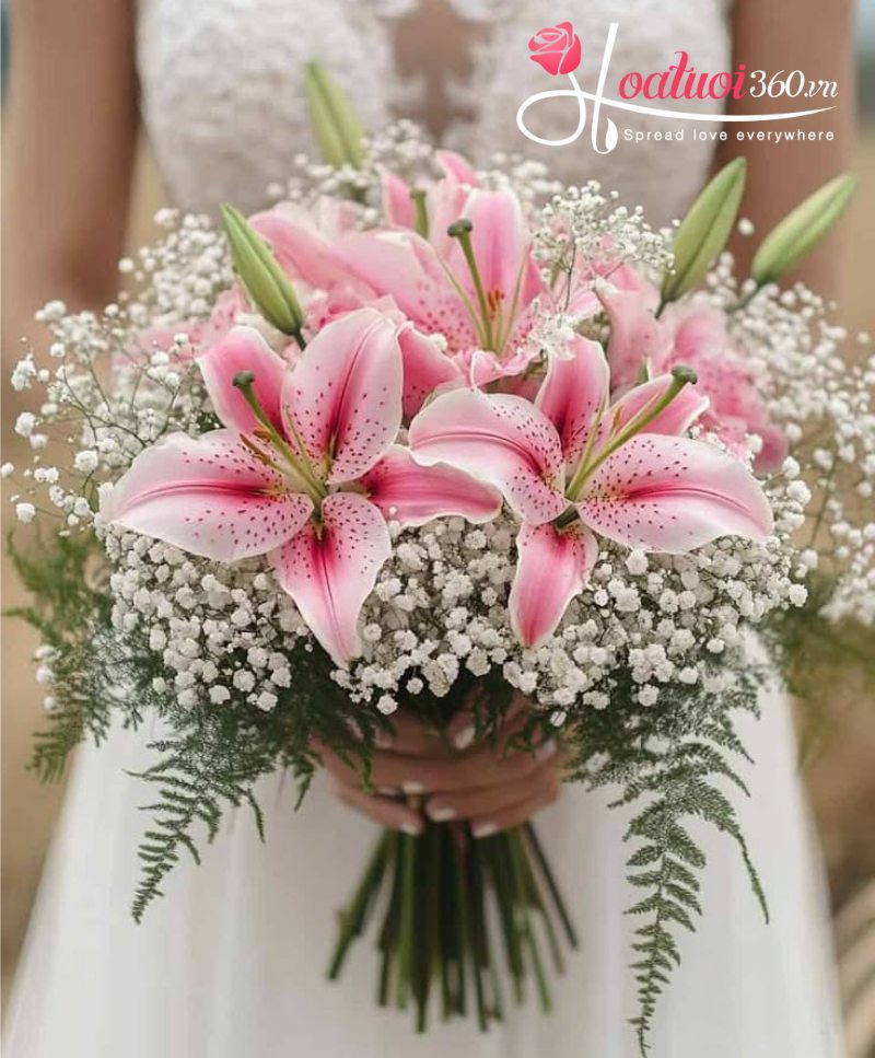 Hoa ly cầm tay cô dâu kiểu tròn Posy