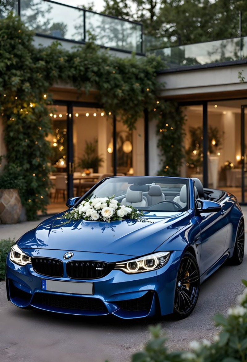 Trang trí xe hoa đám cưới màu xanh dương 