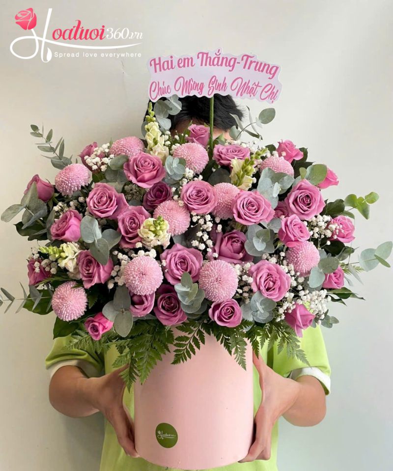 hộp hoa hồng tím mix cúc ping pong