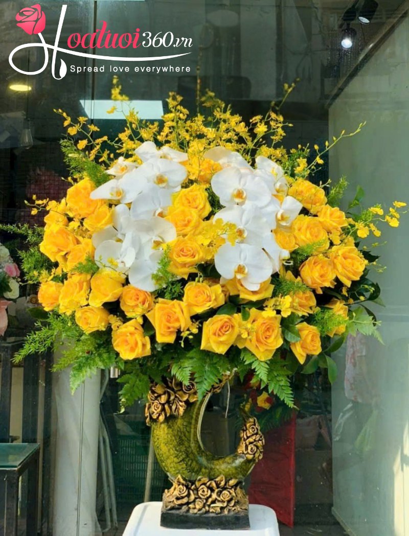 Lẵng hoa khai trương tone vàng Phú Quý Cát Tường