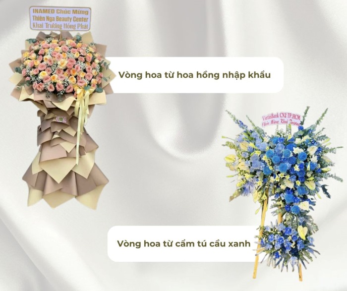 vòng hoa khai trương từ hoa hồng nhập khẩu, cẩm tú cầu xanh