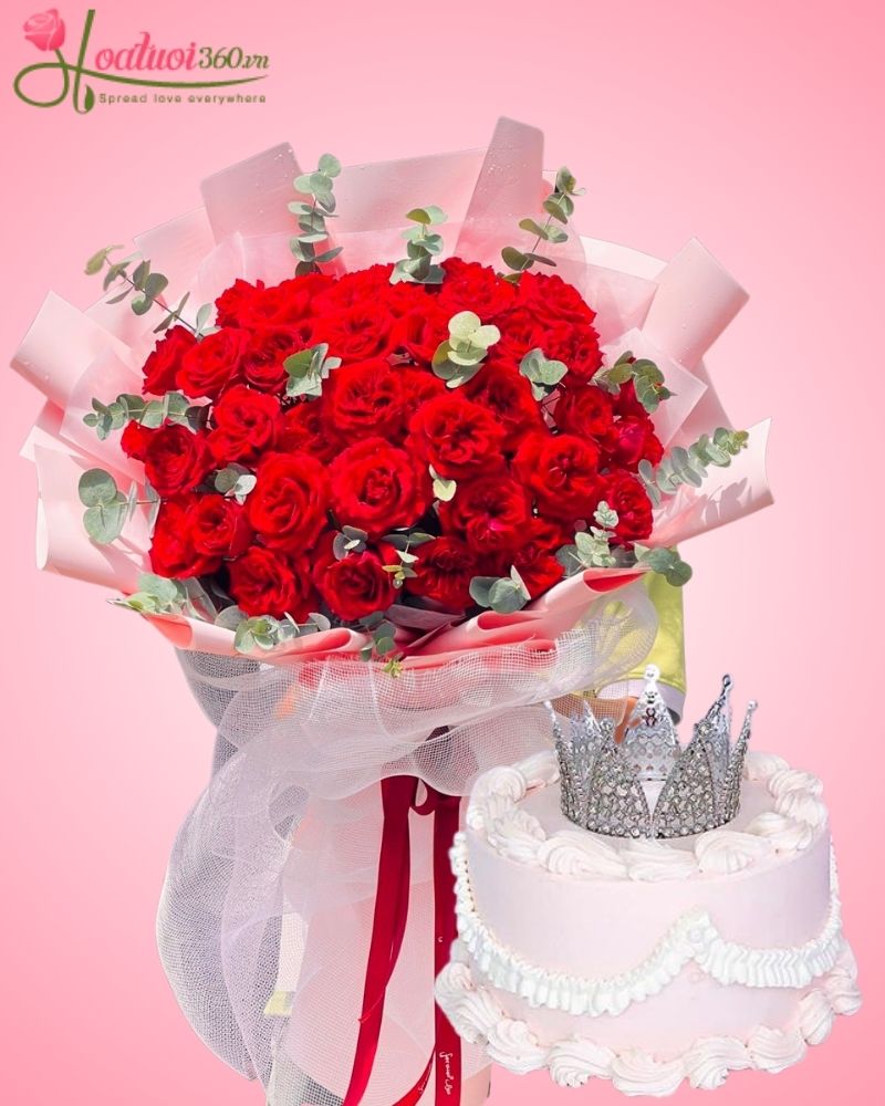 combo bánh kem sinh nhật và hoa hồng