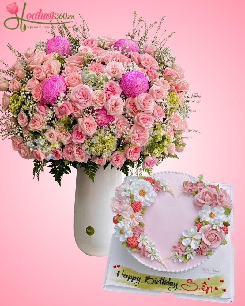 Combo bánh kem sinh nhật và lẵng hoa sang trọng