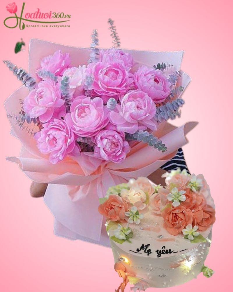 set quà sinh nhật bánh kem và hoa mẫu đơn sang trọng