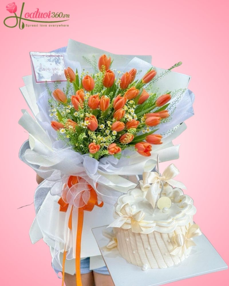 set hoa tulip và bánh sinh nhật đẹp