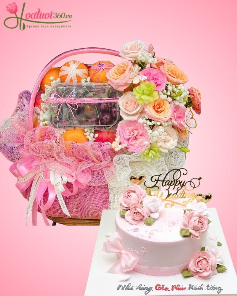 Lẵng hoa trái cây tươi kết hợp bánh kem đầy màu sắc